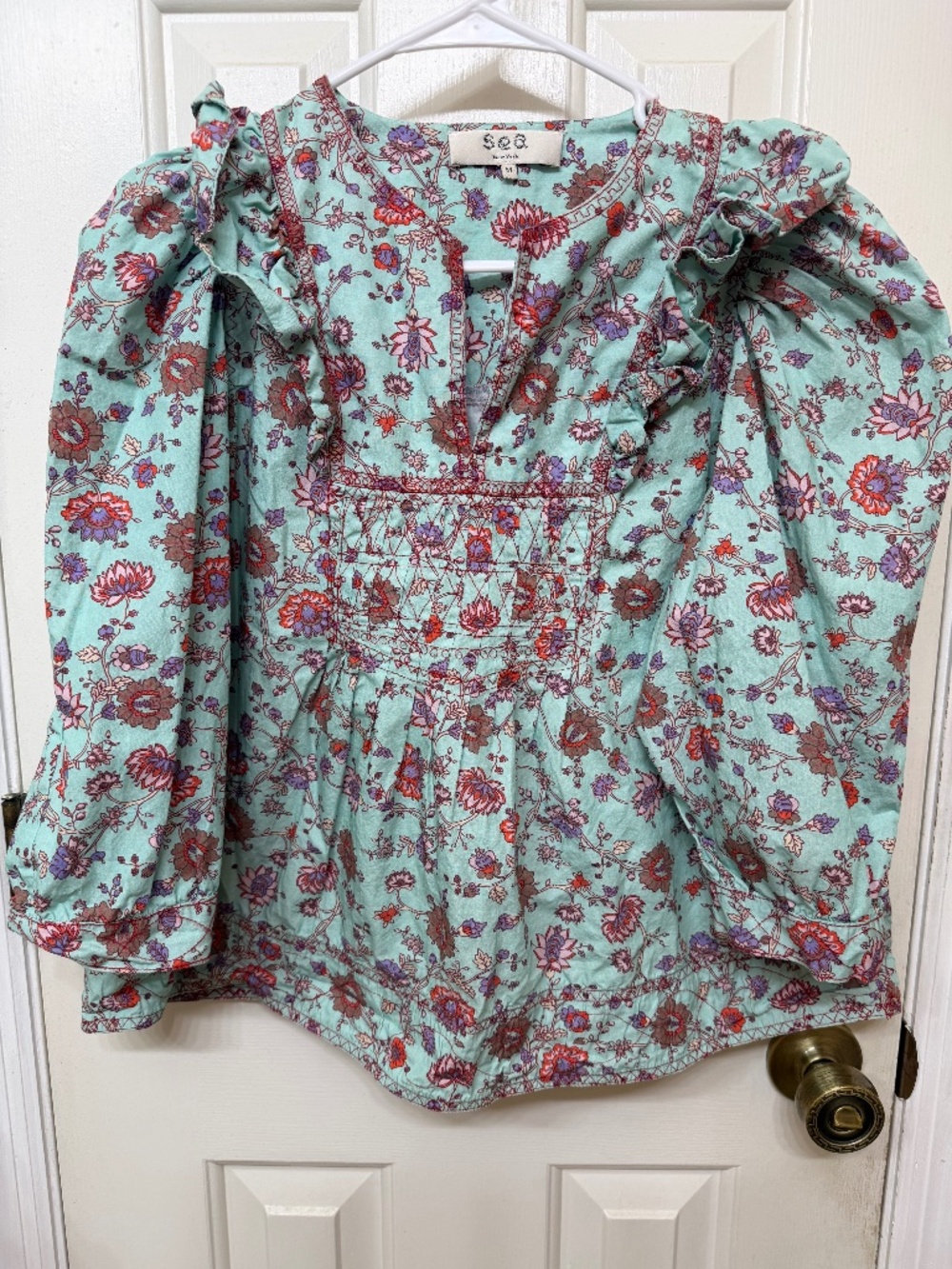 Sea New York Floral Embroidered 100% Cotton Boho Prairie Blouse Top